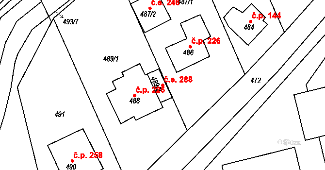 Chlumec 288 na parcele st. 489/2 v KÚ Chlumec u Chabařovic, Katastrální mapa