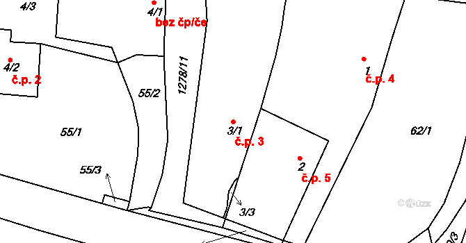 Třešně 3, Záhoří na parcele st. 3/1 v KÚ Třešně u Záhoří, Katastrální mapa