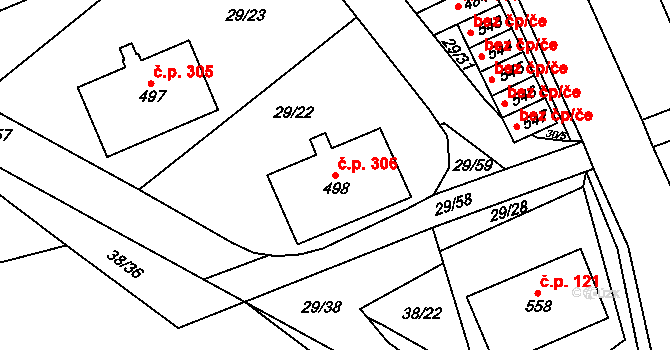 Nedvědice 306 na parcele st. 498 v KÚ Nedvědice pod Pernštejnem, Katastrální mapa