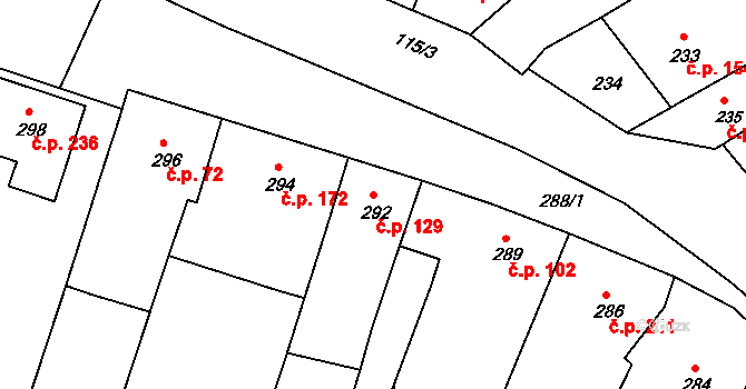 Milešovice 129 na parcele st. 292 v KÚ Milešovice, Katastrální mapa