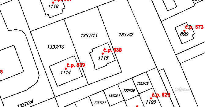 Tlumačov 838 na parcele st. 1115 v KÚ Tlumačov na Moravě, Katastrální mapa