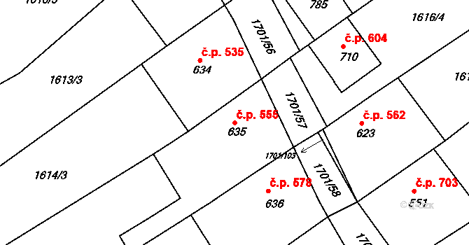 Boršice 555 na parcele st. 635 v KÚ Boršice u Buchlovic, Katastrální mapa