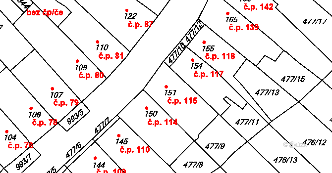 Obrnice 115 na parcele st. 151 v KÚ Obrnice, Katastrální mapa
