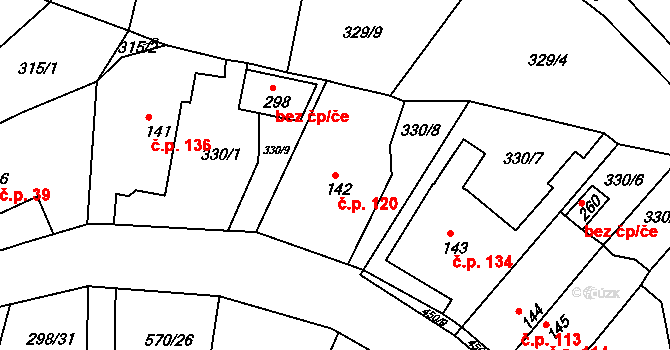 Babí 120, Náchod na parcele st. 142 v KÚ Babí u Náchoda, Katastrální mapa