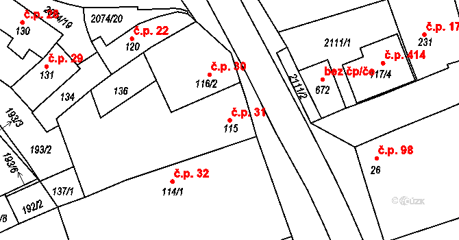 Merklín 31 na parcele st. 115 v KÚ Merklín u Přeštic, Katastrální mapa