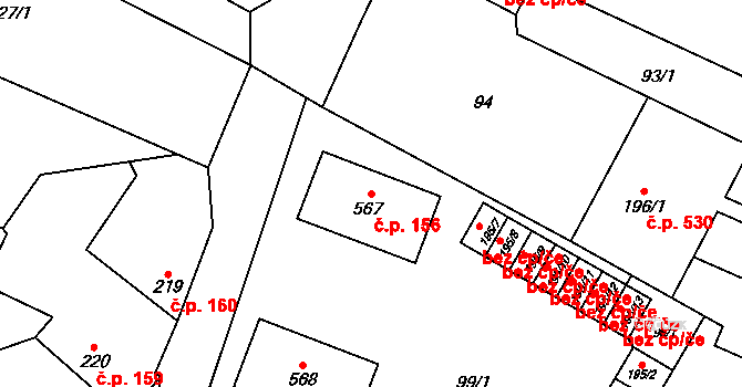 Vroutek 156 na parcele st. 567 v KÚ Vroutek, Katastrální mapa