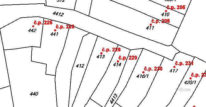 Chotěboř 228 na parcele st. 413 v KÚ Chotěboř, Katastrální mapa