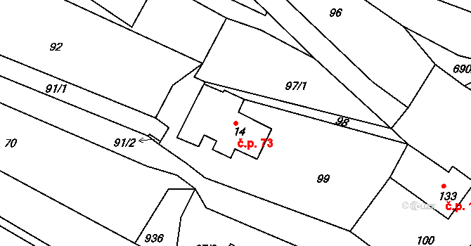 Dolní Brusnice 73 na parcele st. 14 v KÚ Dolní Brusnice, Katastrální mapa