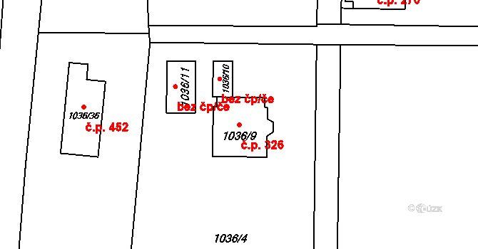 Dolní Líštná 326, Třinec na parcele st. 1036/9 v KÚ Dolní Líštná, Katastrální mapa