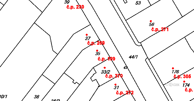 Rousínov 199 na parcele st. 35 v KÚ Rousínov u Vyškova, Katastrální mapa