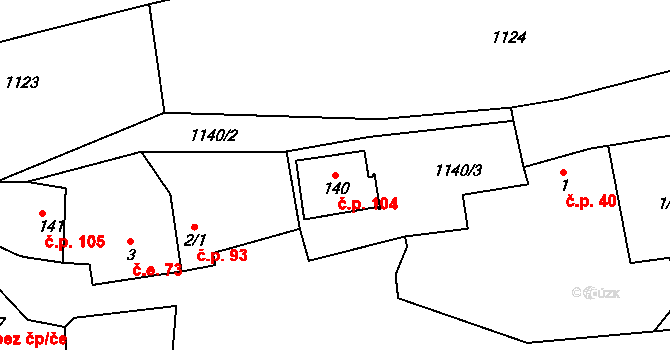 Křivsoudov 104 na parcele st. 140 v KÚ Křivsoudov, Katastrální mapa