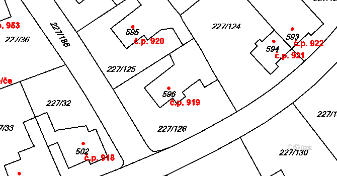 Švermov 919, Kladno na parcele st. 596 v KÚ Hnidousy, Katastrální mapa