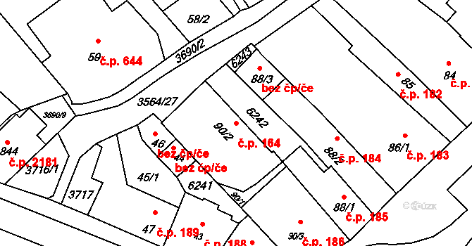 Rožnov pod Radhoštěm 164 na parcele st. 90/2 v KÚ Rožnov pod Radhoštěm, Katastrální mapa