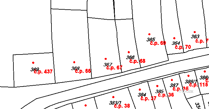 Stařečka 67, Třebíč na parcele st. 367 v KÚ Třebíč, Katastrální mapa