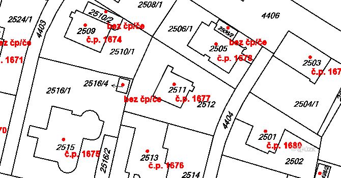 Teplice 1677 na parcele st. 2511 v KÚ Teplice, Katastrální mapa