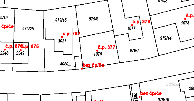 Plzeňské Předměstí 377, Rokycany na parcele st. 1076 v KÚ Rokycany, Katastrální mapa