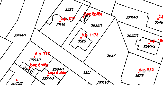 Modřany 1173, Praha na parcele st. 3528 v KÚ Modřany, Katastrální mapa