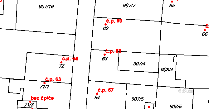 Měňany 58 na parcele st. 63 v KÚ Měňany, Katastrální mapa