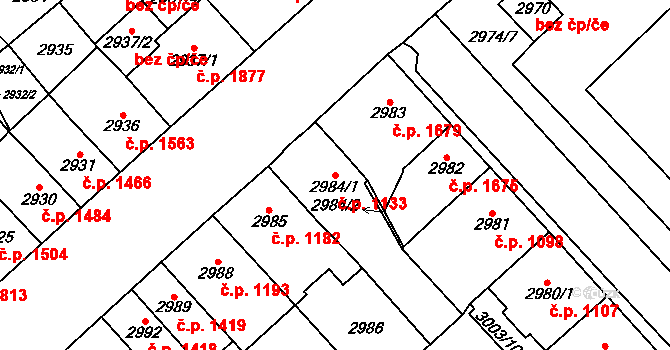 Chomutov 1133 na parcele st. 2984/1 v KÚ Chomutov I, Katastrální mapa