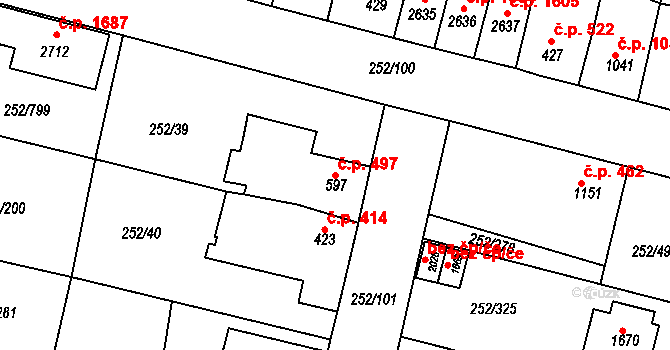 Rosice 497 na parcele st. 597 v KÚ Rosice u Brna, Katastrální mapa