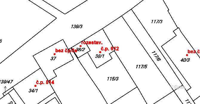 Chválkovice 612, Olomouc na parcele st. 38/1 v KÚ Chválkovice, Katastrální mapa