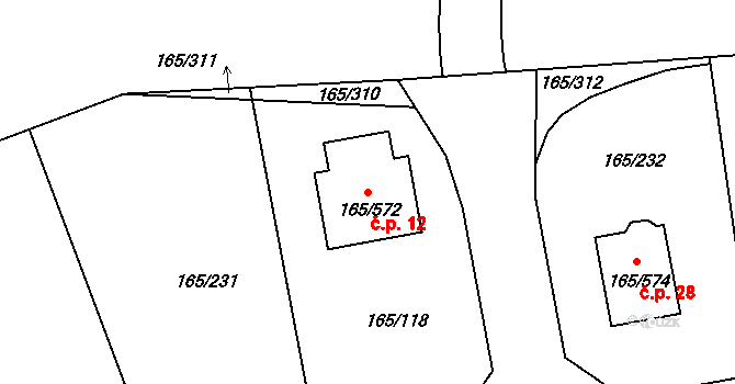 Pod Rohem 12, Jenišov na parcele st. 165/572 v KÚ Jenišov, Katastrální mapa