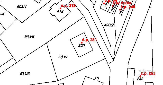 Jimramov 281 na parcele st. 390 v KÚ Jimramov, Katastrální mapa