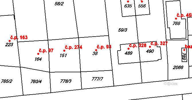 Louky 93, Zlín na parcele st. 38 v KÚ Louky nad Dřevnicí, Katastrální mapa