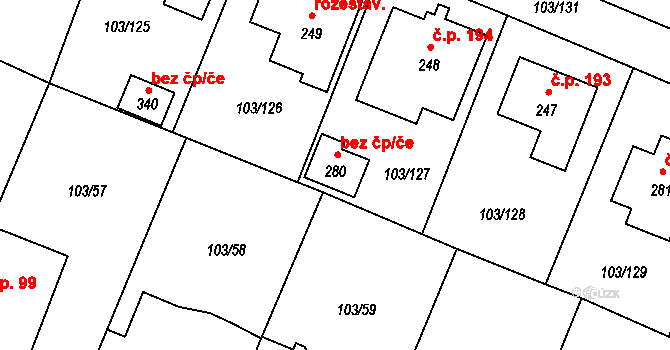 Břežany II 43364756 na parcele st. 280 v KÚ Břežany II, Katastrální mapa