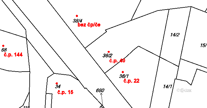 Byškovice 40, Neratovice na parcele st. 36/2 v KÚ Byškovice, Katastrální mapa
