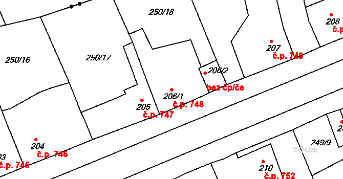 Rudná 748 na parcele st. 206/1 v KÚ Hořelice, Katastrální mapa