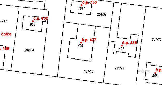 Rosice 427, Pardubice na parcele st. 450 v KÚ Rosice nad Labem, Katastrální mapa