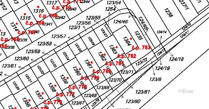 Veltrusy 781 na parcele st. 1362 v KÚ Veltrusy, Katastrální mapa