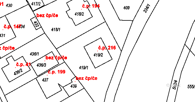 Srby 216, Tuchlovice na parcele st. 419/2 v KÚ Srby u Tuchlovic, Katastrální mapa