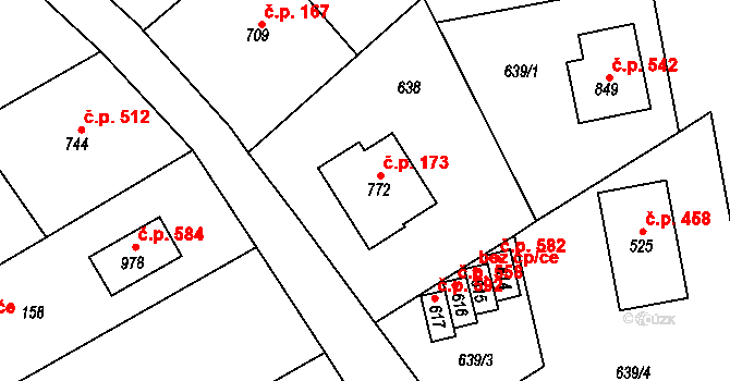 Horní Moštěnice 173 na parcele st. 772 v KÚ Horní Moštěnice, Katastrální mapa