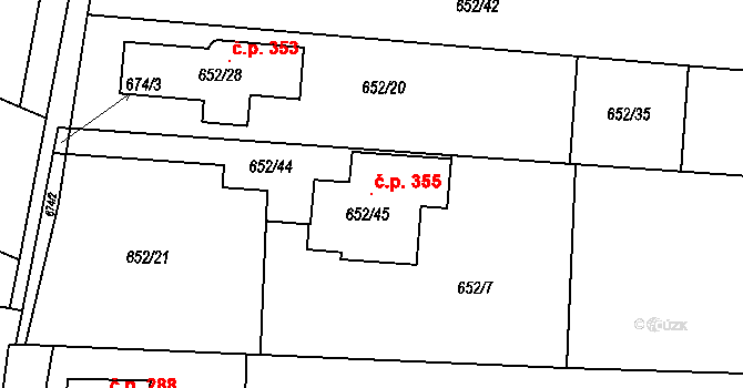 Kobylnice 355 na parcele st. 652/45 v KÚ Kobylnice u Brna, Katastrální mapa