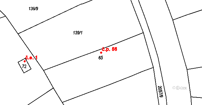 Třebouň 56, Toužim na parcele st. 65 v KÚ Třebouň, Katastrální mapa