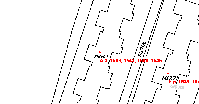 Čelákovice 1543,1544,1545,1546 na parcele st. 3958/1 v KÚ Čelákovice, Katastrální mapa