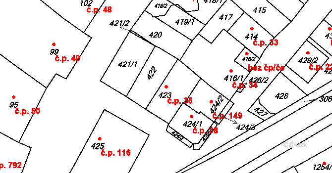 Lužice 35 na parcele st. 423 v KÚ Lužice u Hodonína, Katastrální mapa