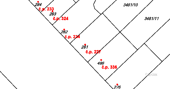 Sobůlky 227 na parcele st. 281 v KÚ Sobůlky, Katastrální mapa
