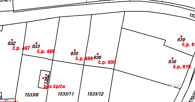 Planá 500 na parcele st. 636 v KÚ Planá u Mariánských Lázní, Katastrální mapa