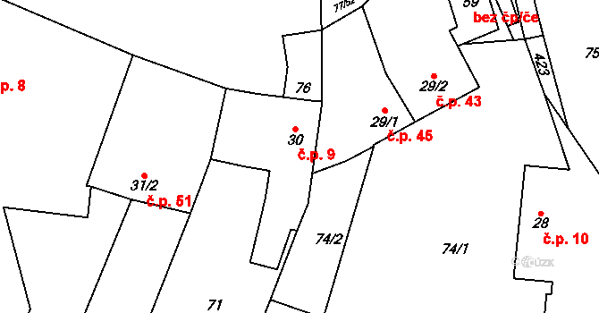 Podolí 9, Bouzov na parcele st. 30 v KÚ Podolí u Bouzova, Katastrální mapa