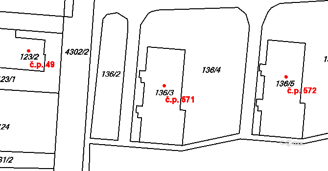Karolinka 571 na parcele st. 136/3 v KÚ Karolinka, Katastrální mapa