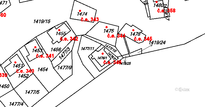 Miřetice u Klášterce nad Ohří 346, Klášterec nad Ohří na parcele st. 1476/1 v KÚ Miřetice u Klášterce nad Ohří, Katastrální mapa