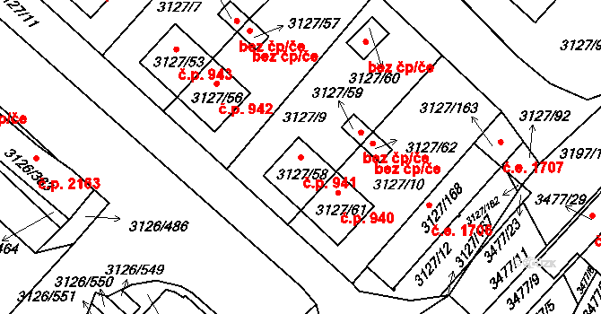 Pelhřimov 941 na parcele st. 3127/58 v KÚ Pelhřimov, Katastrální mapa