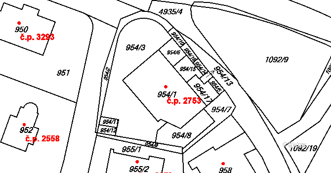Smíchov 2753, Praha na parcele st. 954/1 v KÚ Smíchov, Katastrální mapa