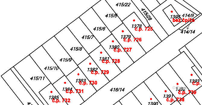 Rožmitál pod Třemšínem 728 na parcele st. 1381 v KÚ Rožmitál pod Třemšínem, Katastrální mapa