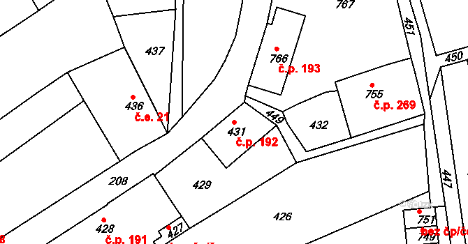 Hodkovice nad Mohelkou 192 na parcele st. 431 v KÚ Hodkovice nad Mohelkou, Katastrální mapa