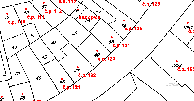 Fryštát 123, Karviná na parcele st. 49 v KÚ Karviná-město, Katastrální mapa