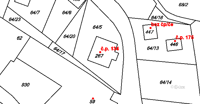 Tři Sekery 134 na parcele st. 267 v KÚ Tři Sekery u Kynžvartu, Katastrální mapa